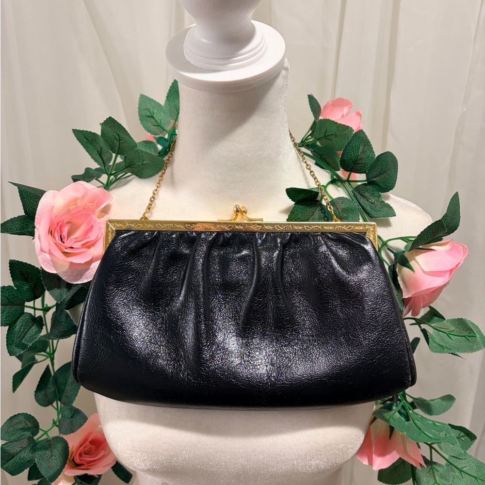 Vintage Black Faux Leather Clutch with Gold Accents